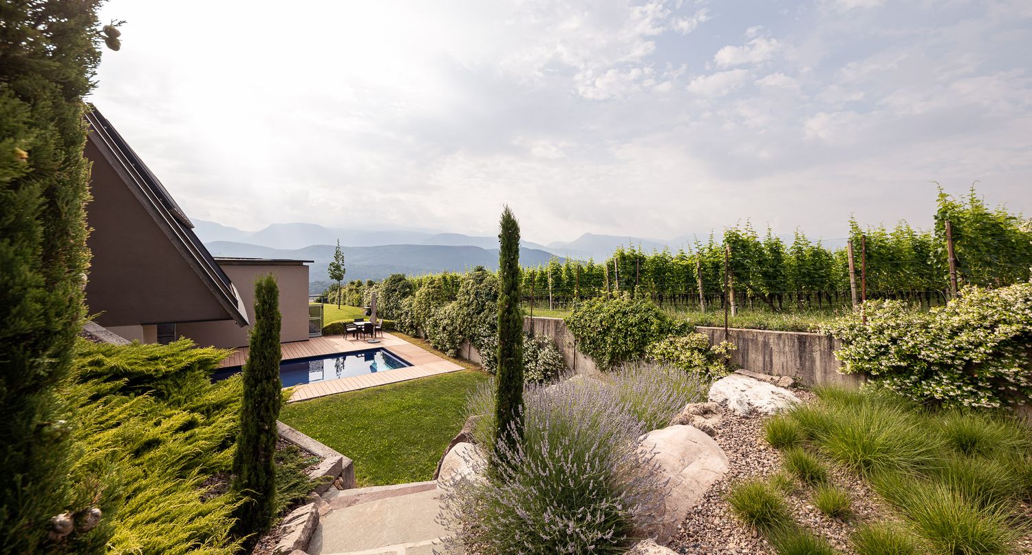 Garten mit Pool und Ausblick auf die angrenzenden Weinberge