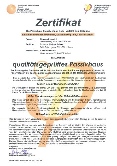 Certificate "quality-tested passive house" | Villa Pernstich, Caldaro